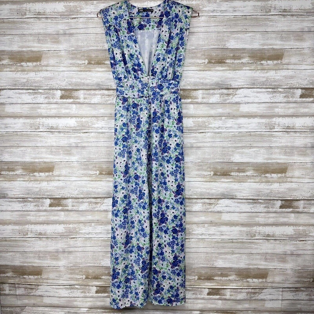 Zara Dress Women's XS Midi Button Up Floral Green Front Sleeveless Shoulder Pads